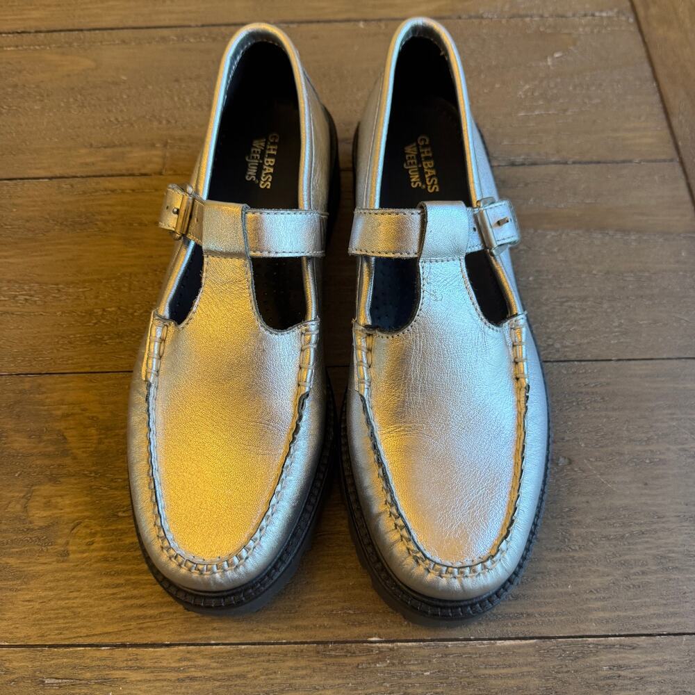 G.H. Bass Mary Jane Super Lug Sole Weejuns Silver 8.5 Leather EU 39.5 Comfort